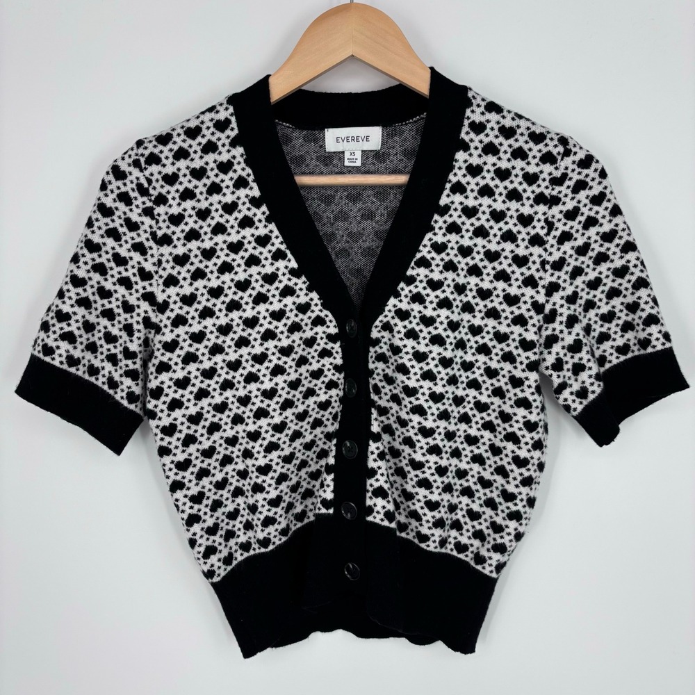 EVEREVE Heart Print Short Sleeve Cardigan Sweater Women XS Black White Knit Top